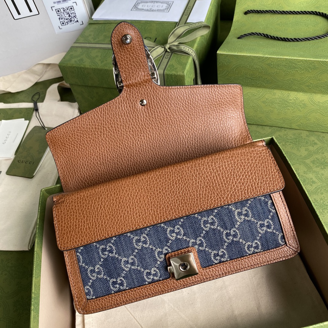 Gucci Dionysus Small Shoulder Bag Dark Blue And Ivory Eco Washed Organic GG Jacquard Deni For Women 11in/28cm
