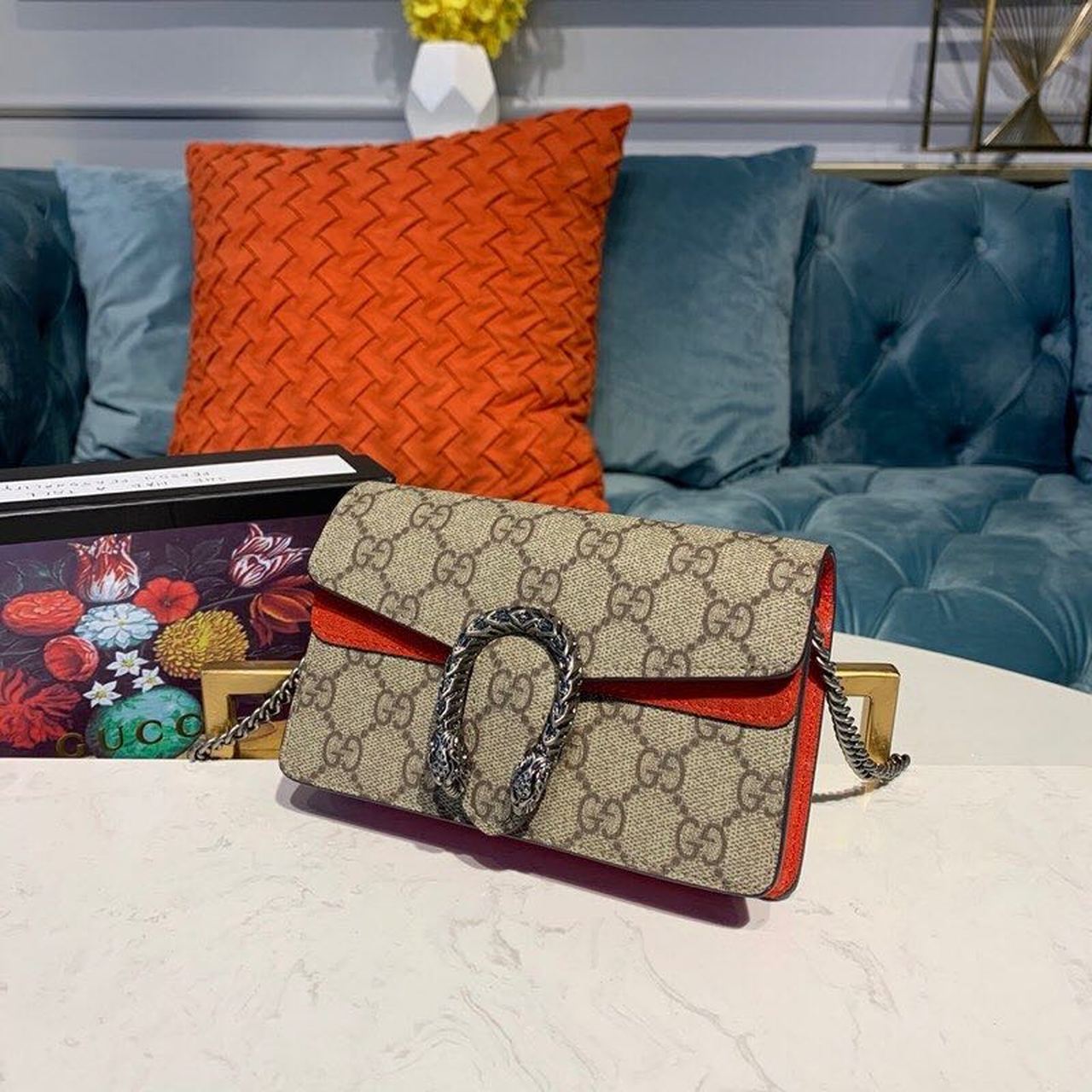 Gucci Dionysus Supreme Super Mini Bag Beige/Ebony GG Supreme Canvas Red Suede 6.5in/16.5cm GG 476432