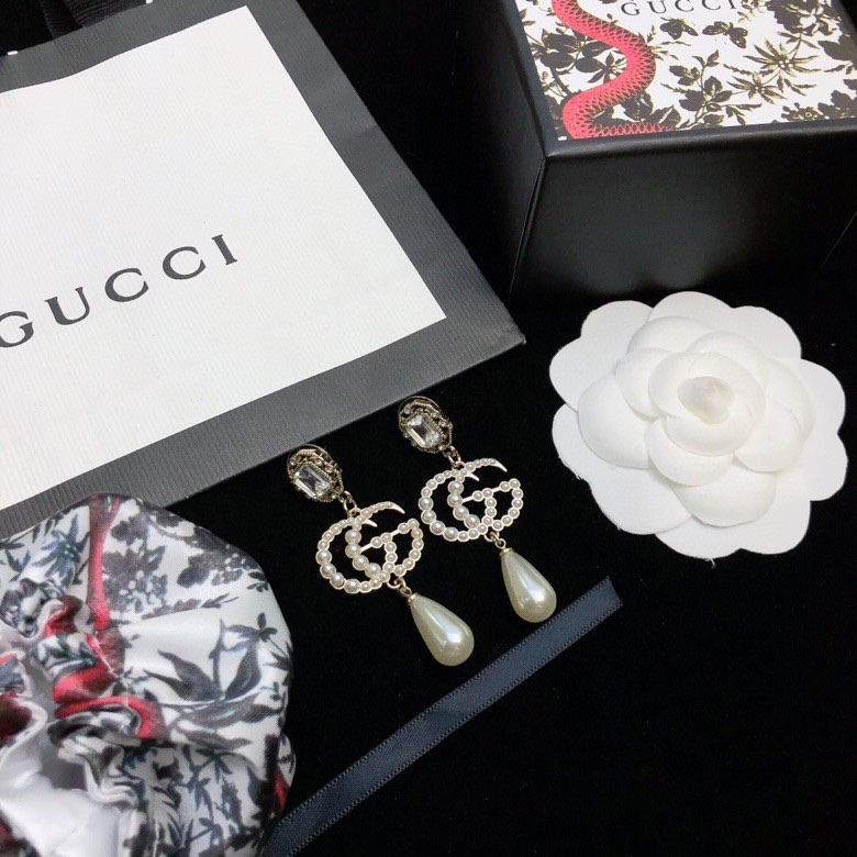 Gucci Douple G Pearl Frame Earrings Gold Tone For Women