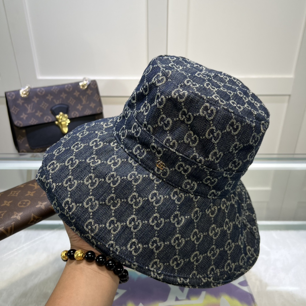 Gucci Eco Washed Denim Wide Brim Hat Dark Blue GG Hat 631958 3HAAH 4900