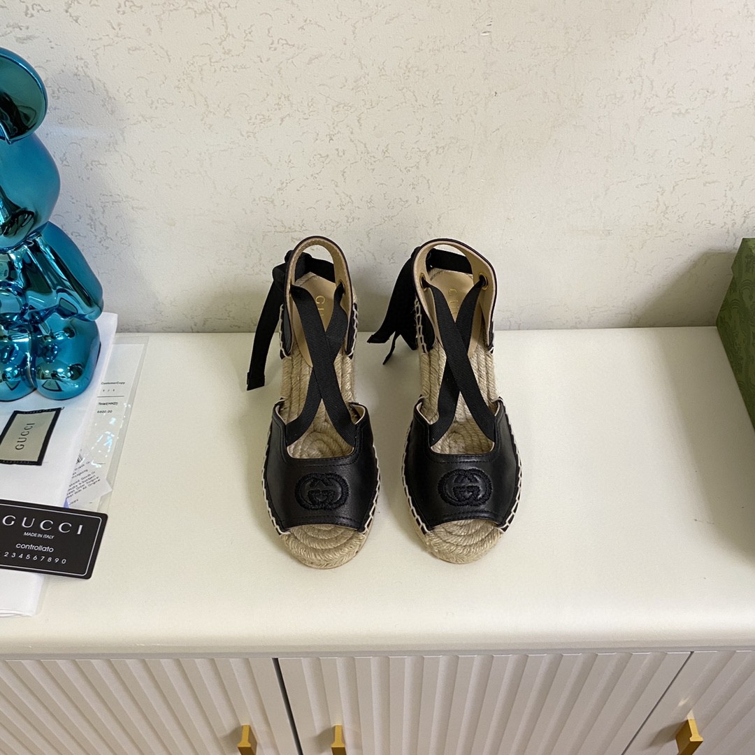 Gucci Espadrille With Ribbon Tie Open Toe Black For Women