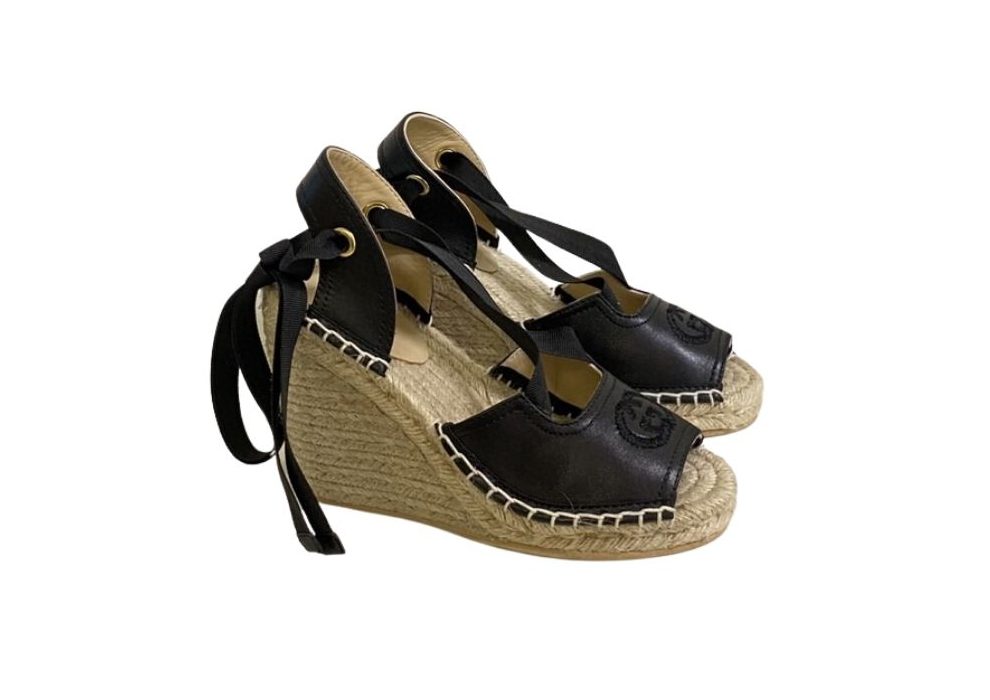 Gucci Espadrille With Ribbon Tie Open Toe Black For Women