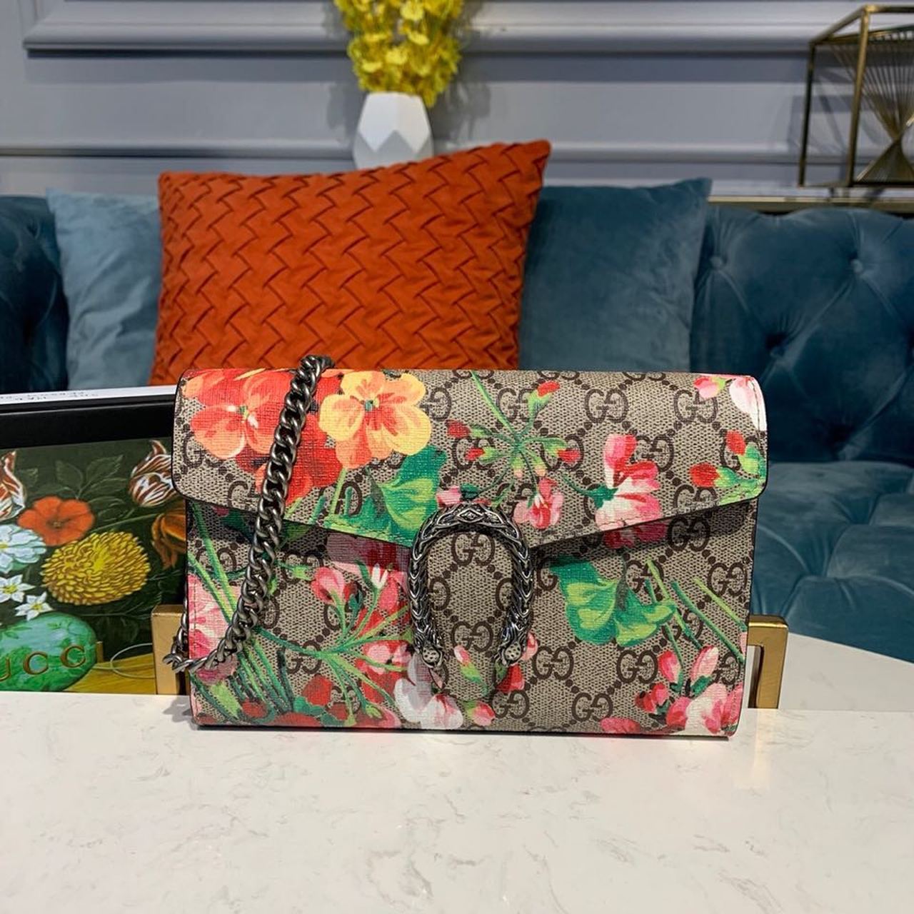 Gucci Floral WOC Dionysus Shoulder Bag 20cm Calfskin Leather Trim Fall/Winter Collection, Burgundy