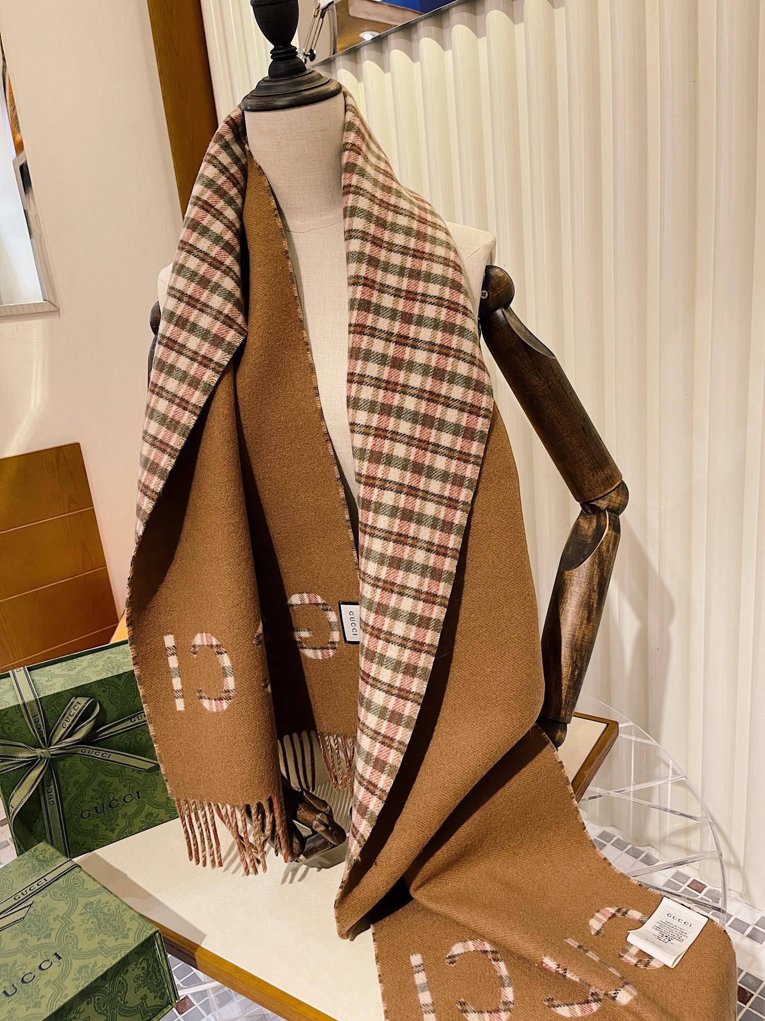Gucci GG And Tartan Wool Jacquard Scarf Brown 79in/200cm