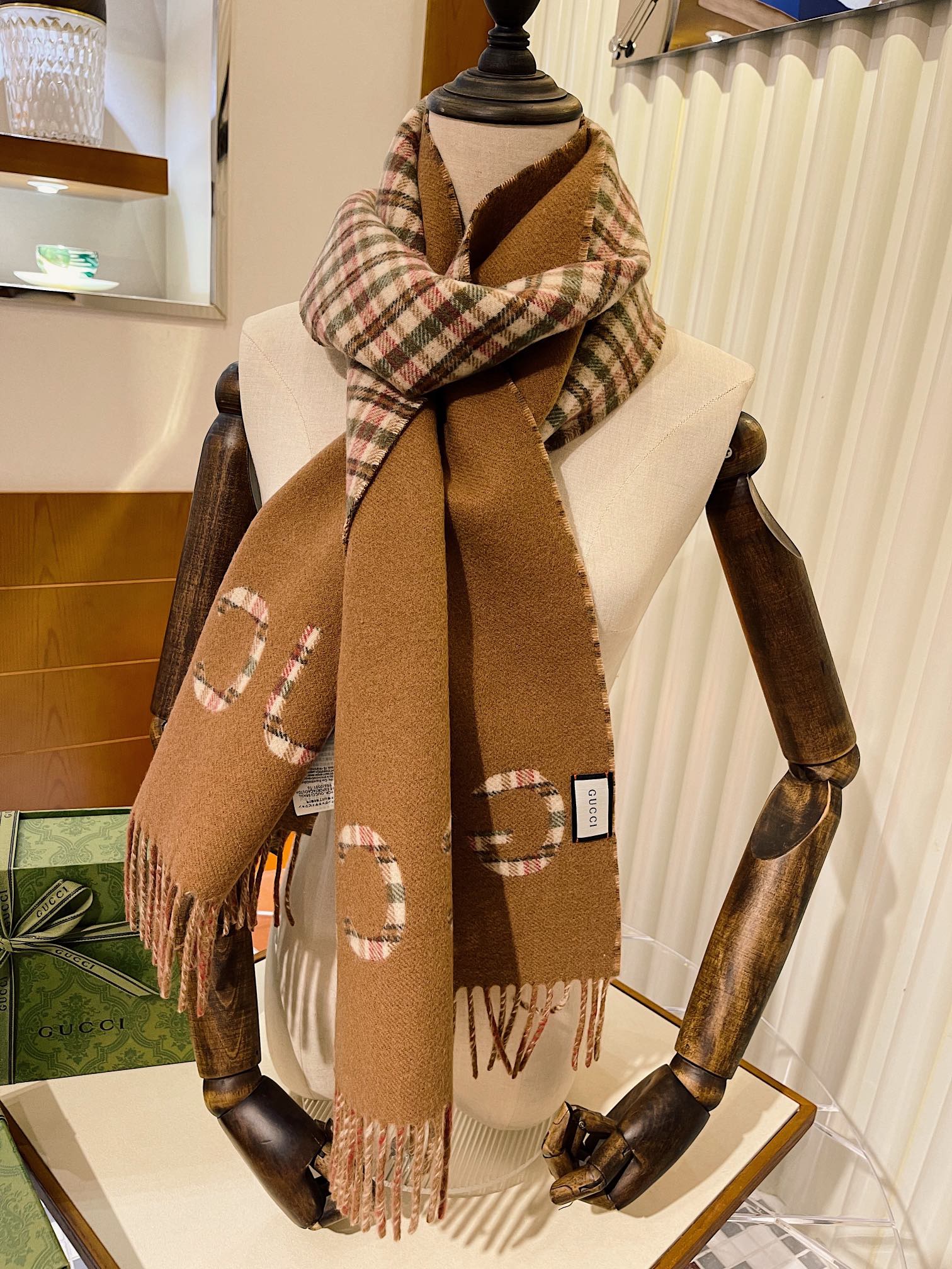 Gucci GG And Tartan Wool Jacquard Scarf Brown 79in/200cm