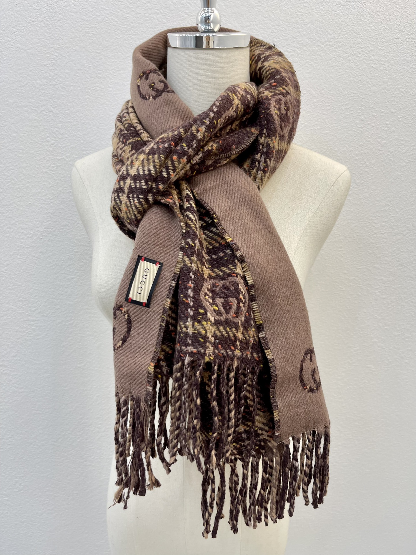 Gucci GG And Tartan Wool Jacquard Scarf Purple/Brown 77in/195cm