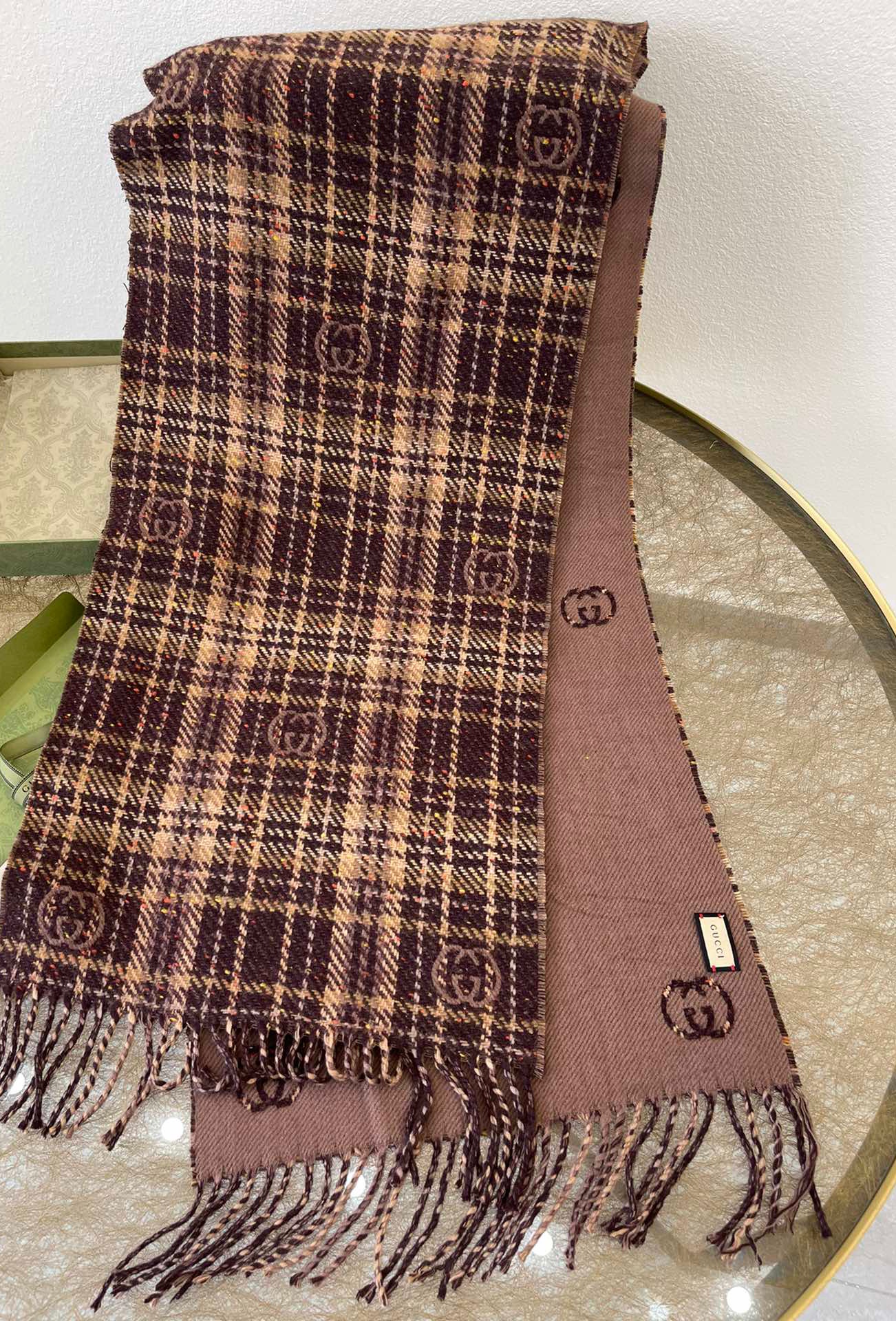 Gucci GG And Tartan Wool Jacquard Scarf Purple/Brown 77in/195cm