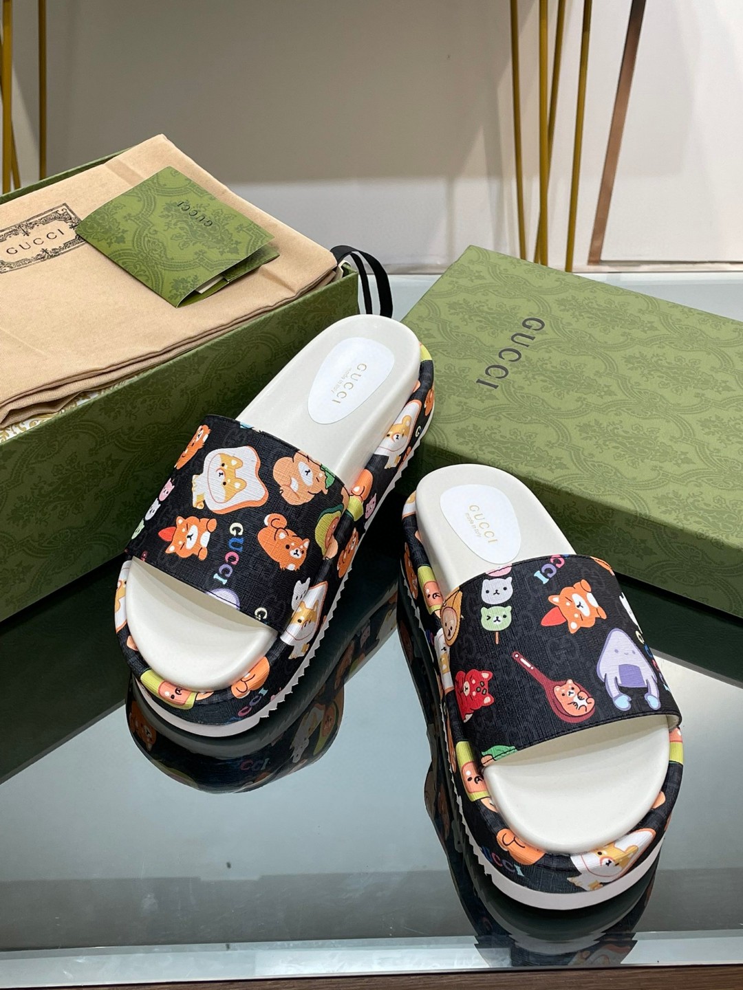 Gucci Gg Animal Print Platform Slide Sandal Black For Women