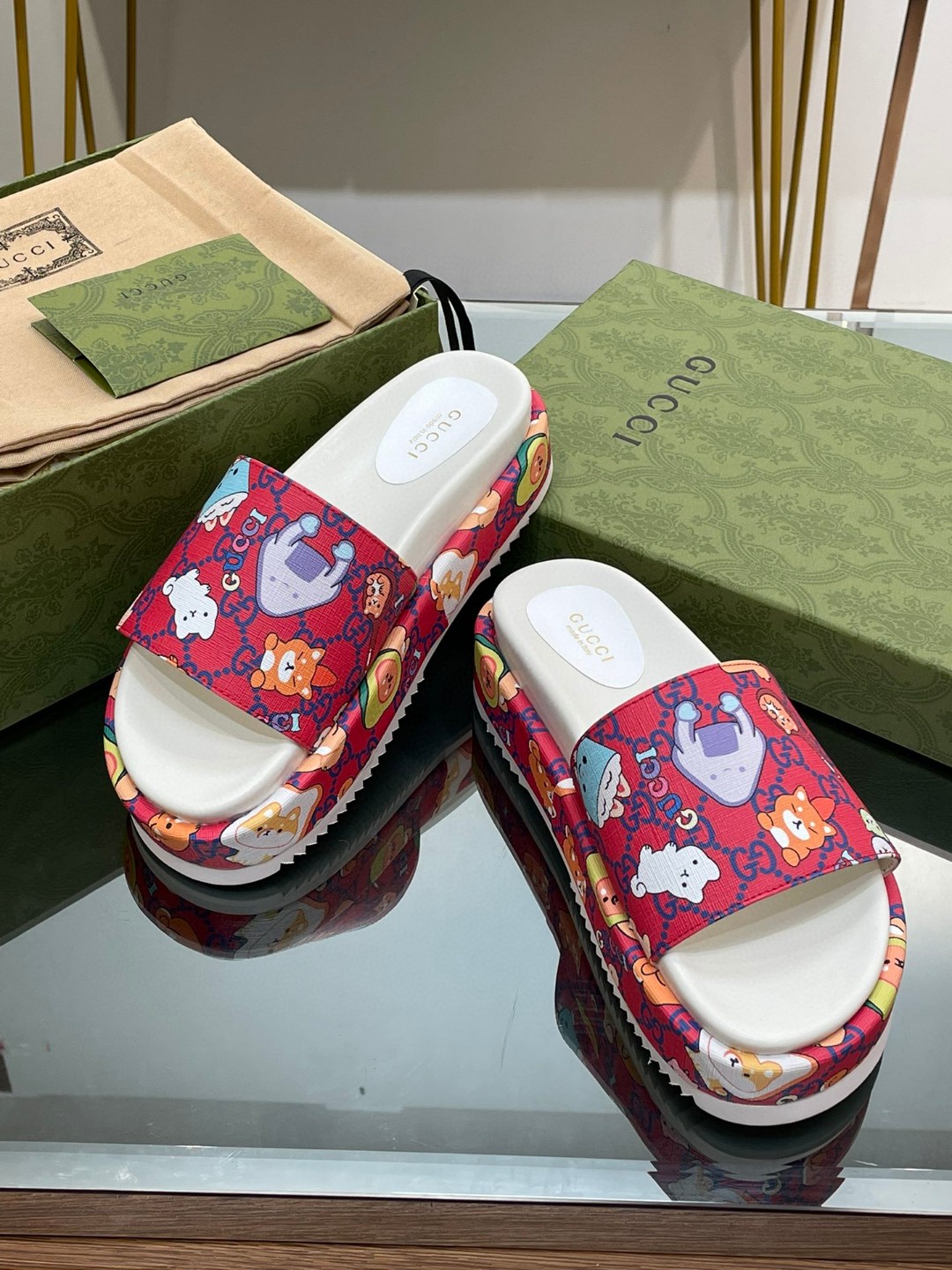 Gucci Gg Animal Print Platform Slide Sandal Red For Women