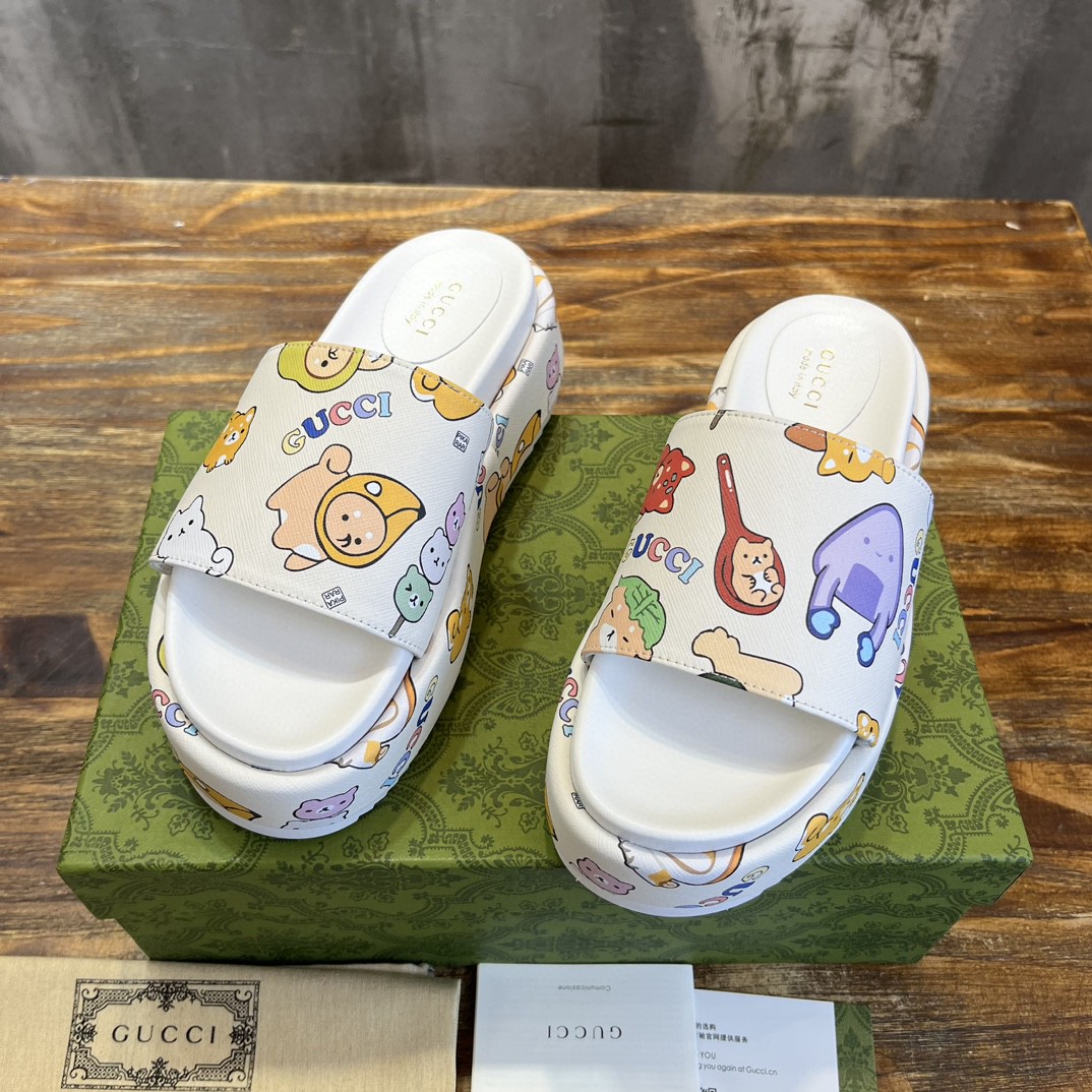 Gucci Gg Animal Print Platform Slide Sandal White For Women