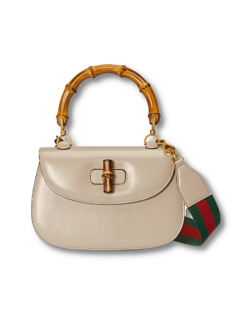 Gucci GG Bamboo 1947 Jumbo GG Small Bag White/ Brown/ Red For Women 8.3 in/ 21 cm