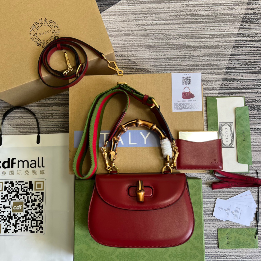 Gucci GG Bamboo 1947 Jumbo GG Small Bag White/ Brown/ Red For Women 8.3 in/ 21 cm