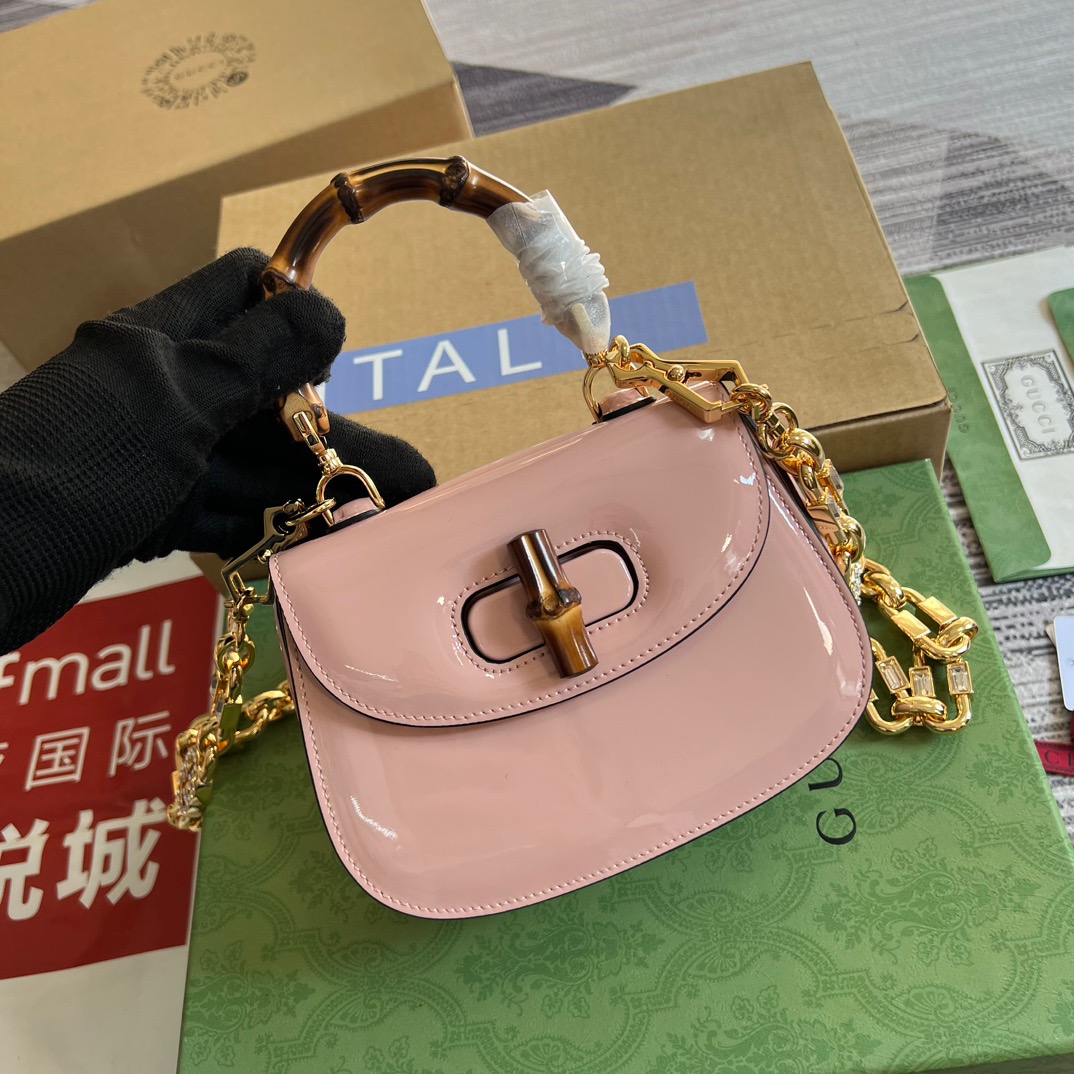 Gucci GG Bamboo 1947 Mini Top Handle Bag Pink/ White/ Black For Women ?724641 AABCE 6942 6.7 in/ 17 cm
