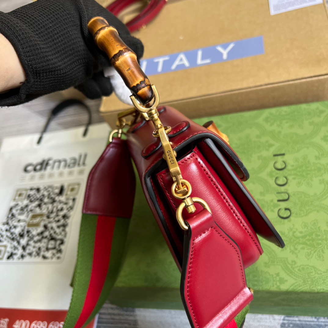 Gucci GG Bamboo 1947 Mini Top Handle Bag White/ Brown/ Red For Women 686864 10ODT 8454 6.7 in/ 17 cm