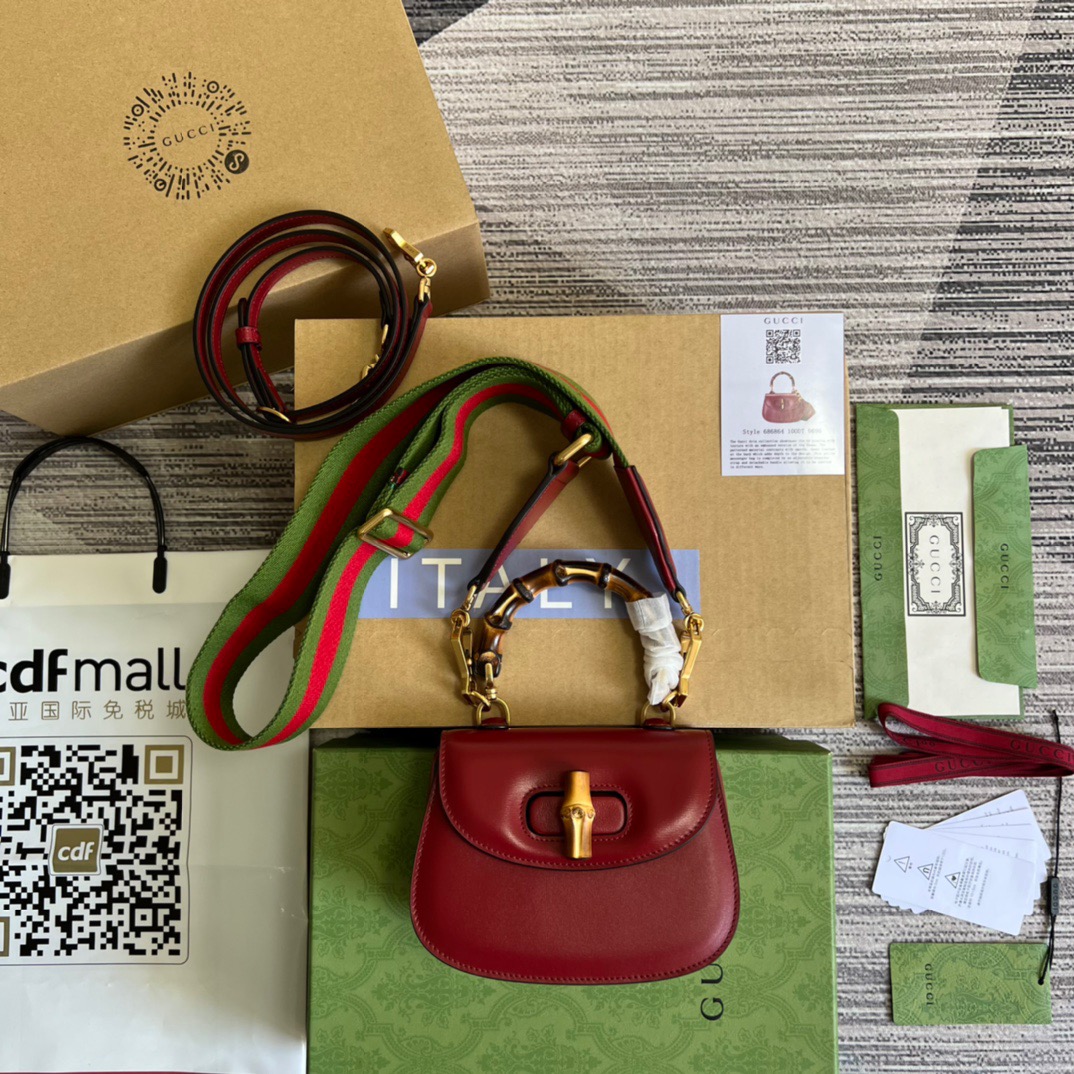 Gucci GG Bamboo 1947 Mini Top Handle Bag White/ Brown/ Red For Women 686864 10ODT 8454 6.7 in/ 17 cm