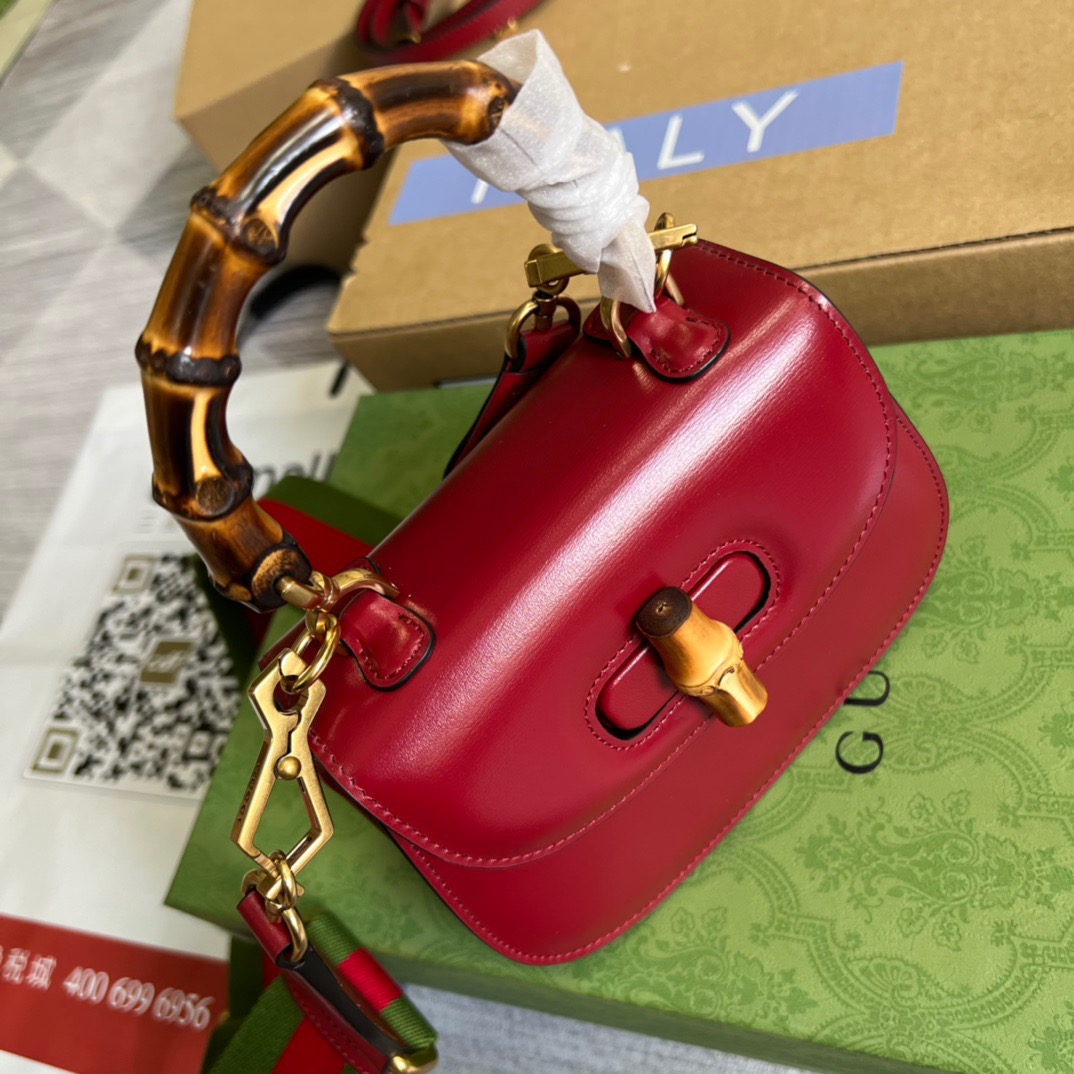 Gucci GG Bamboo 1947 Mini Top Handle Bag White/ Brown/ Red For Women 686864 10ODT 8454 6.7 in/ 17 cm