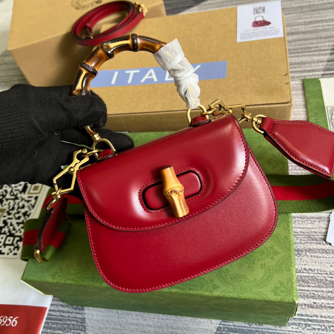 Gucci GG Bamboo 1947 Mini Top Handle Bag White/ Brown/ Red For Women 686864 10ODT 8454 6.7 in/ 17 cm
