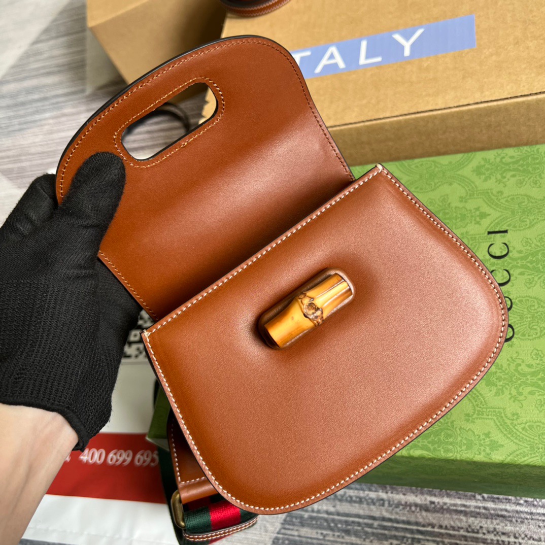 Gucci GG Bamboo 1947 Mini Top Handle Bag White/ Brown/ Red For Women 686864 10ODT 8454 6.7 in/ 17 cm