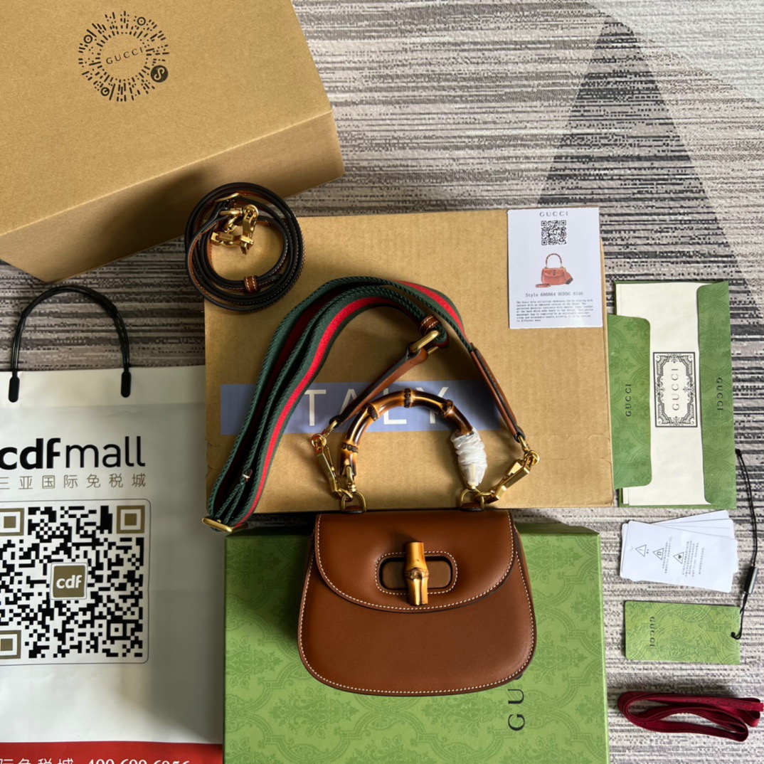Gucci GG Bamboo 1947 Mini Top Handle Bag White/ Brown/ Red For Women 686864 10ODT 8454 6.7 in/ 17 cm