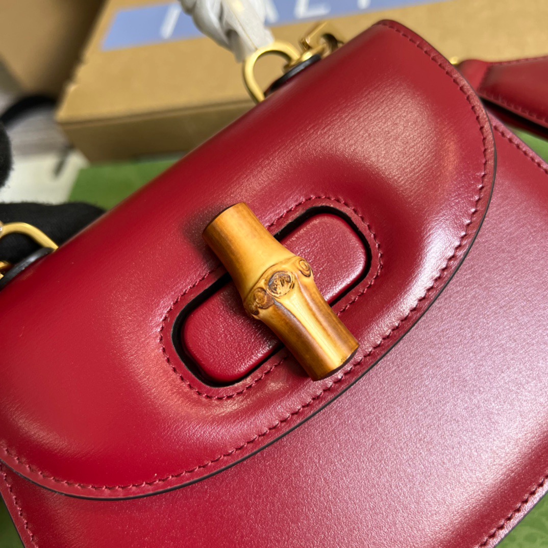 Gucci GG Bamboo 1947 Mini Top Handle Bag White/ Brown/ Red For Women 686864 10ODT 8454 6.7 in/ 17 cm