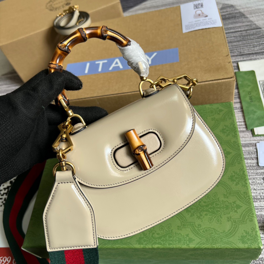 Gucci GG Bamboo 1947 Mini Top Handle Bag White/ Brown/ Red For Women 686864 10ODT 8454 6.7 in/ 17 cm