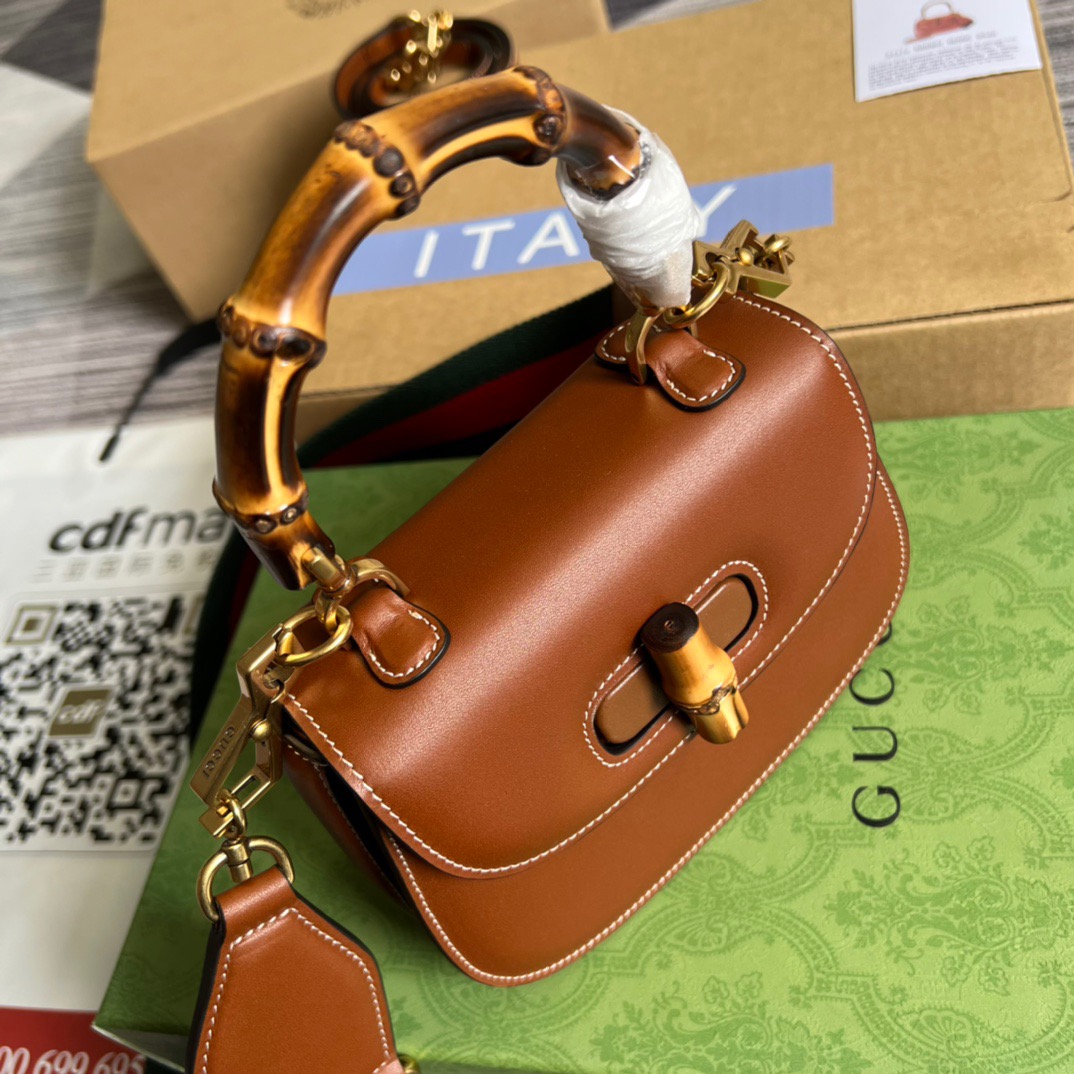 Gucci GG Bamboo 1947 Mini Top Handle Bag White/ Brown/ Red For Women 686864 10ODT 8454 6.7 in/ 17 cm