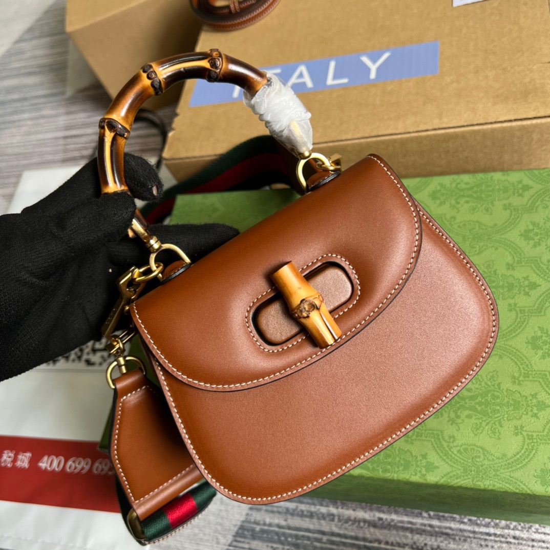 Gucci GG Bamboo 1947 Mini Top Handle Bag White/ Brown/ Red For Women 686864 10ODT 8454 6.7 in/ 17 cm