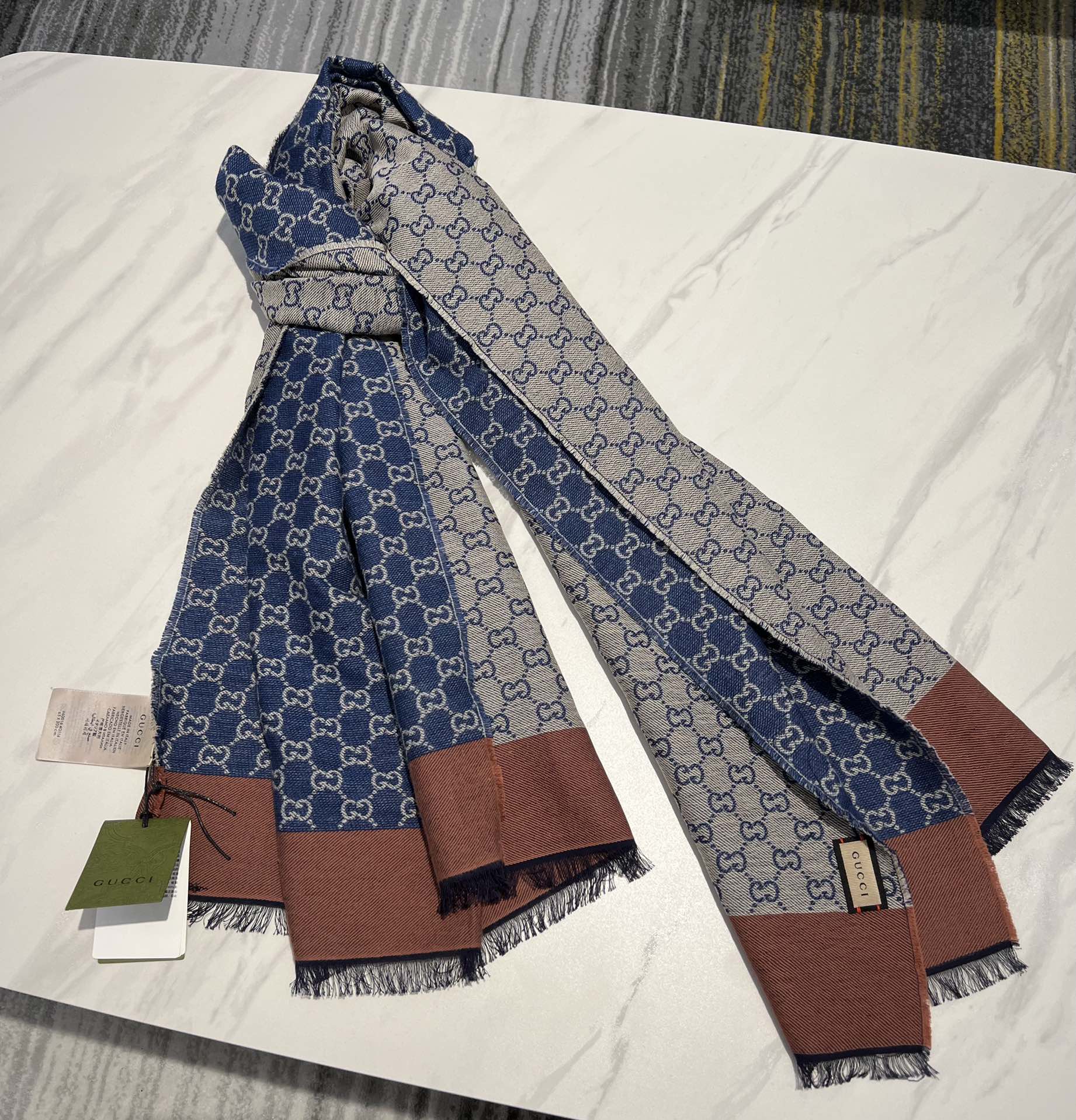 Gucci GG Cotton Jacquard Stole Scarf Blue 79in/200cm