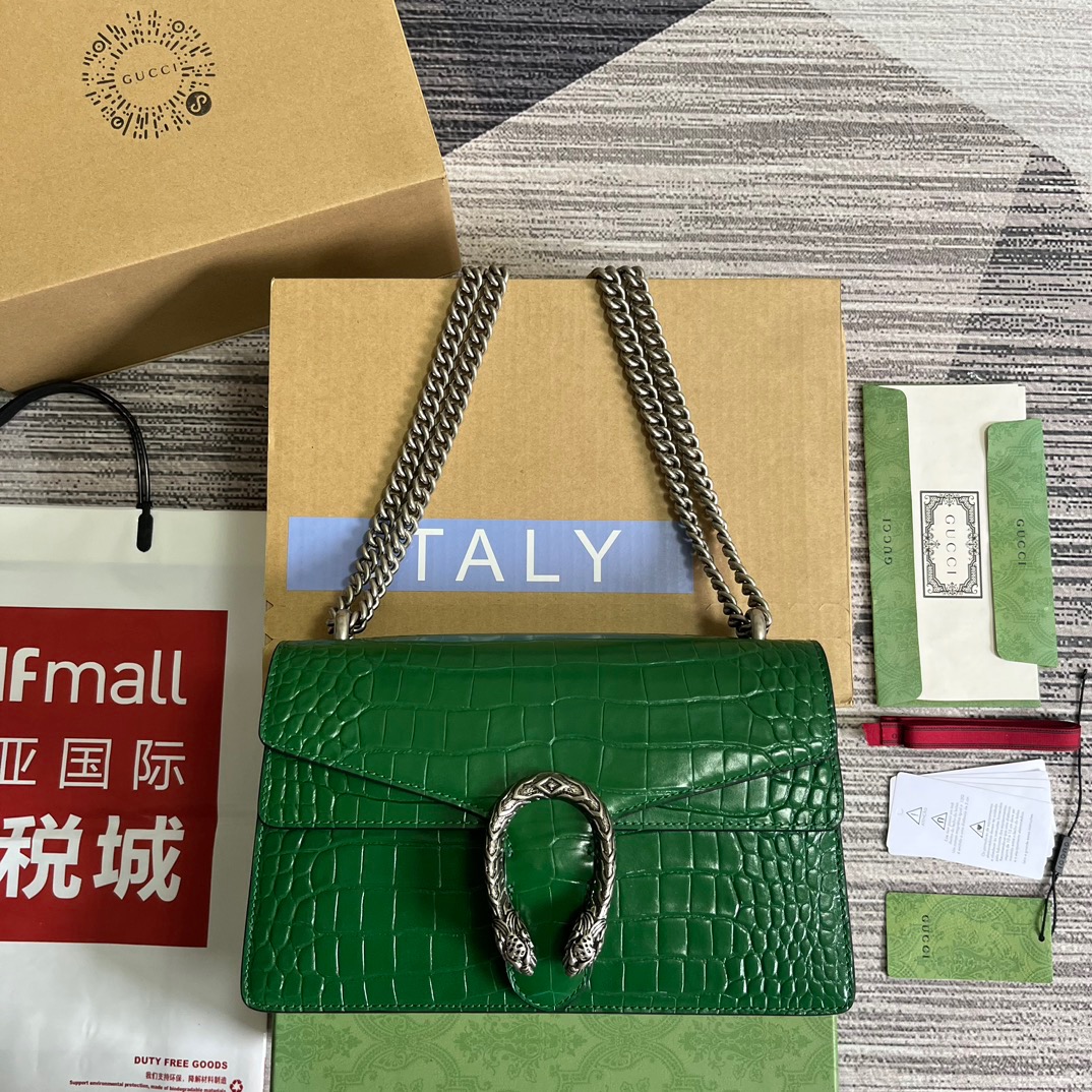 Gucci GG Dionysus Crocodile Small Shoulder Bag Green/Black/White For Women? 400249 EV40N 3219 11 in/ 28 cm