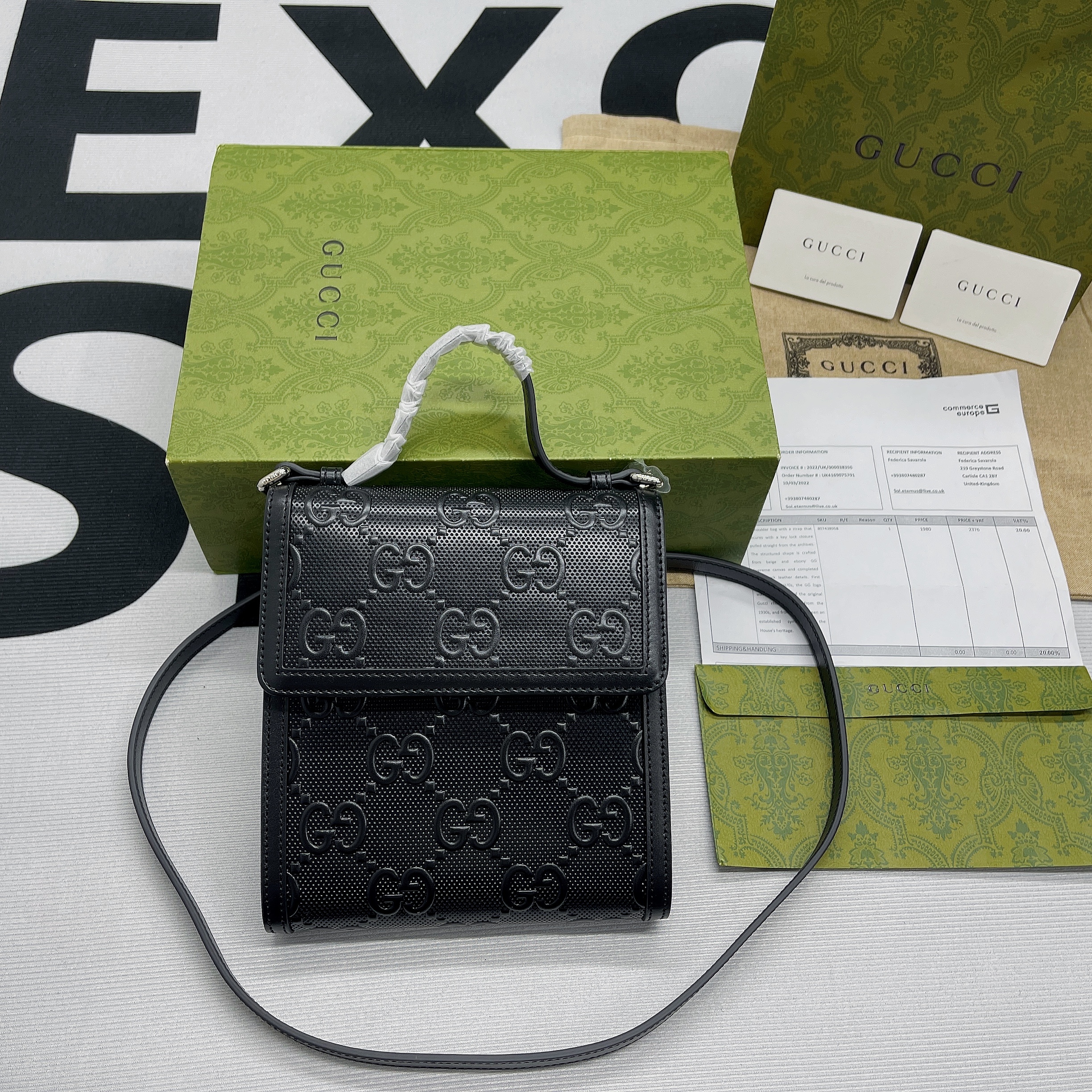 Gucci GG Embossed Messenger Bag Black GG Embossed For Men 8.1in/20.5cm GG 625782 1W3AN 1000465