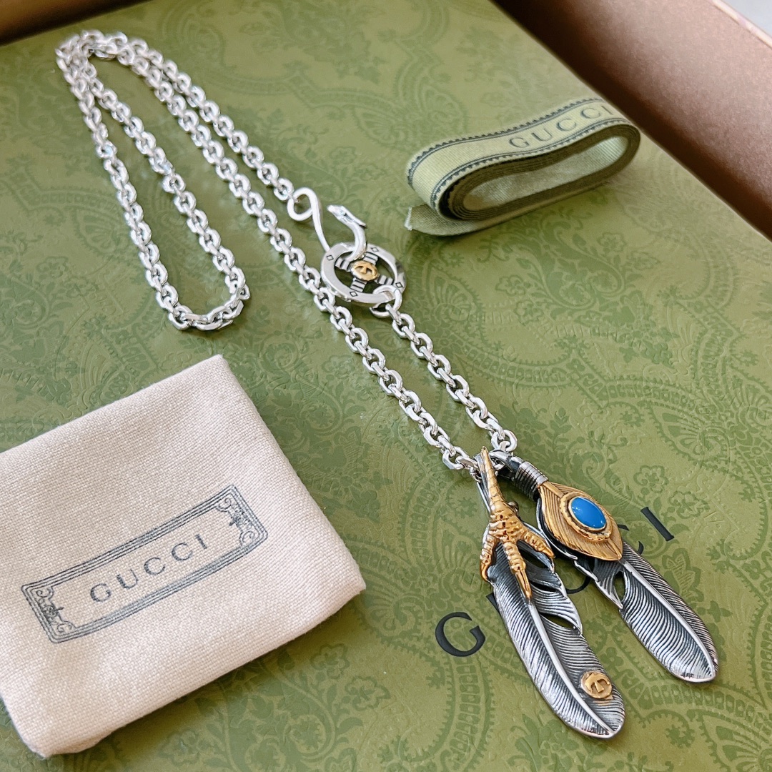 Gucci GG Feather Necklace Sliver Tone For Women