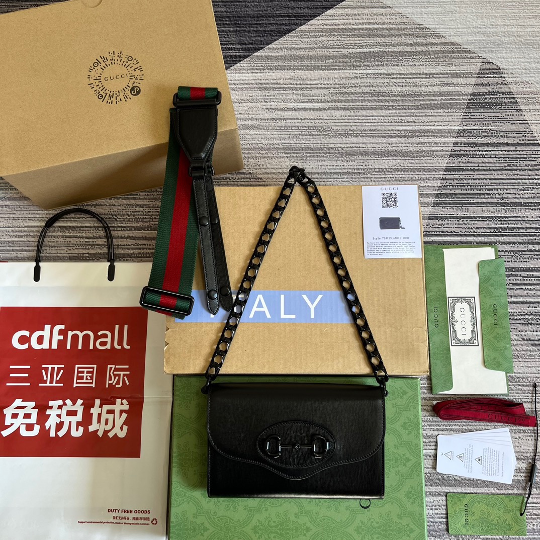 Gucci GG Horsebit 1955 Mini Bag Black/ Green For Women ?724713 AABE1 1060 7.9 in/ 20 cm