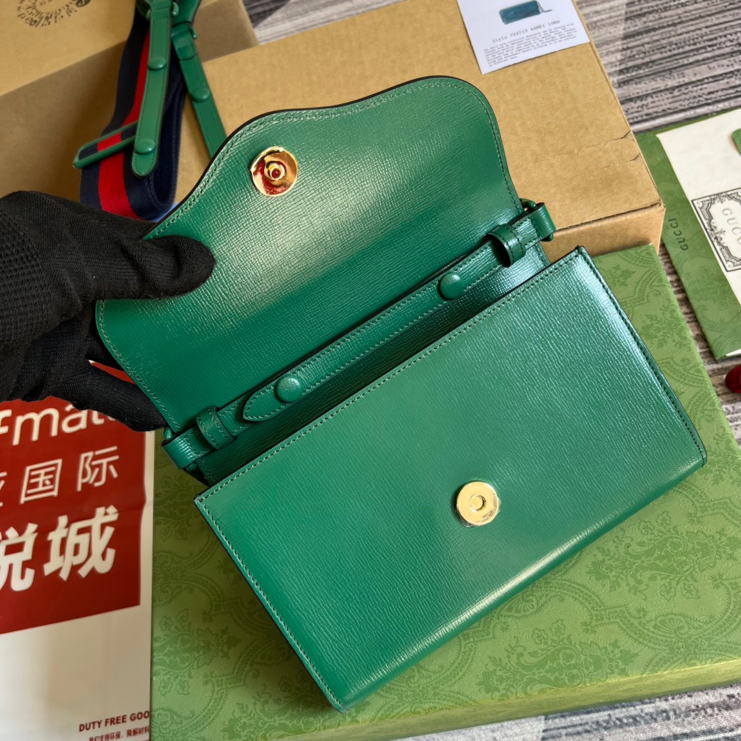 Gucci GG Horsebit 1955 Mini Bag Black/ Green For Women ?724713 AABE1 1060 7.9 in/ 20 cm