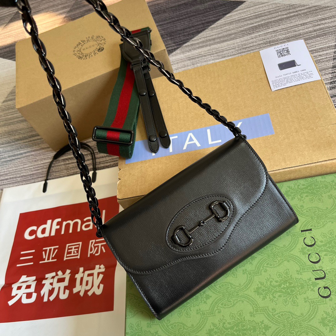 Gucci GG Horsebit 1955 Mini Bag Black/ Green For Women ?724713 AABE1 1060 7.9 in/ 20 cm