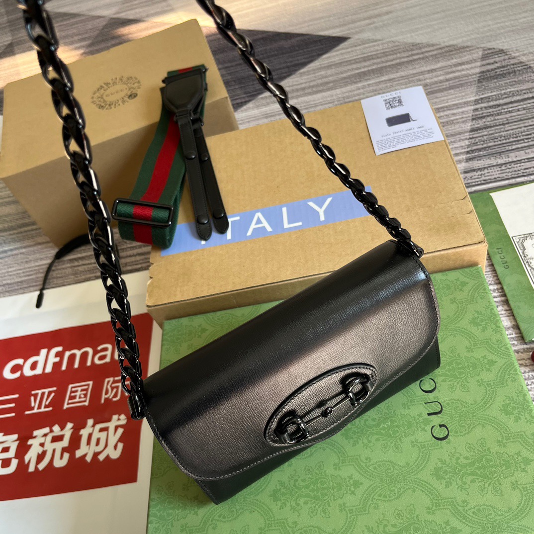 Gucci GG Horsebit 1955 Mini Bag Black/ Green For Women ?724713 AABE1 1060 7.9 in/ 20 cm