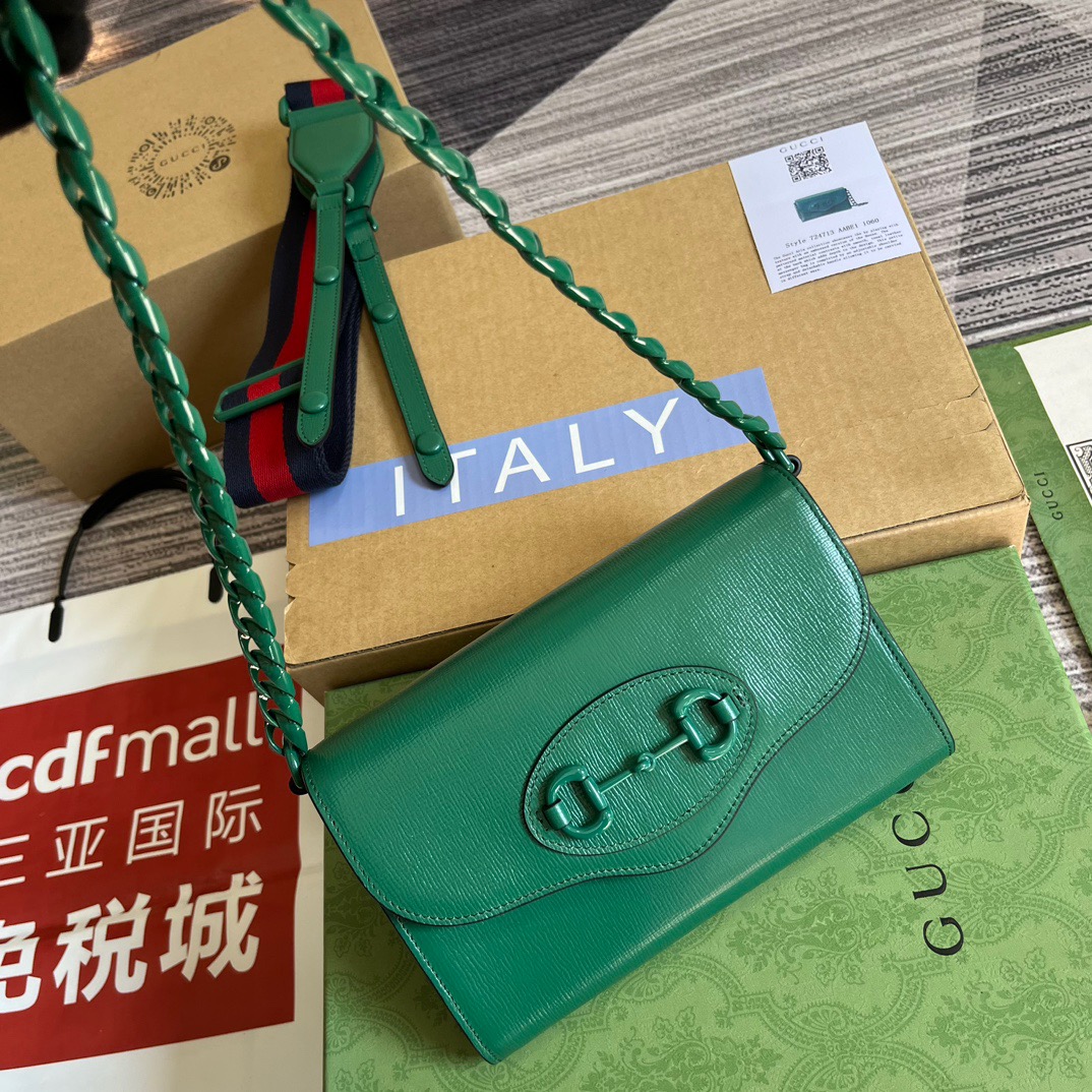 Gucci GG Horsebit 1955 Mini Bag Black/ Green For Women ?724713 AABE1 1060 7.9 in/ 20 cm