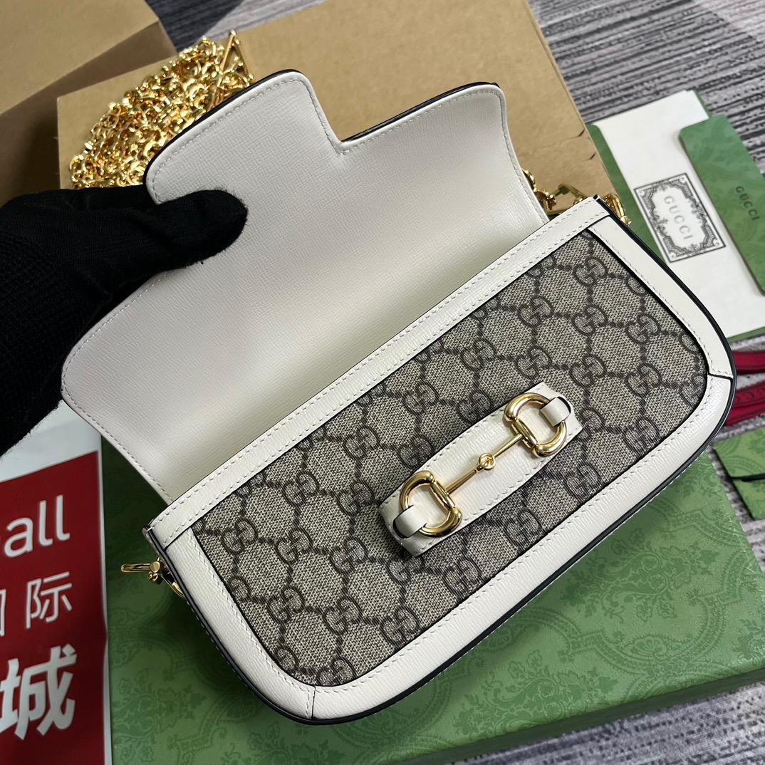 Gucci GG Horsebit 1955 Shoulder Bag White And Beige/Brown And Begie/White And Grey/ Black And Grey For Women? ?735178 FABLN 9897 9.4 in/ 24 cm