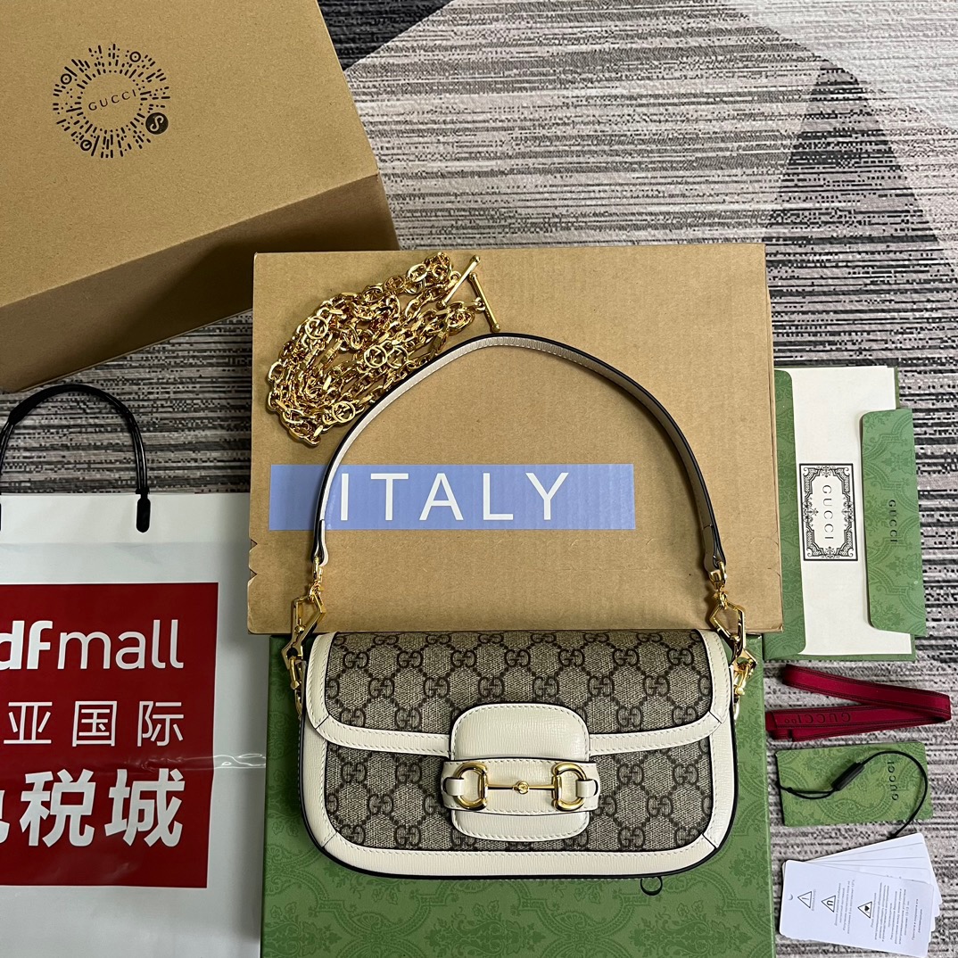Gucci GG Horsebit 1955 Shoulder Bag White And Beige/Brown And Begie/White And Grey/ Black And Grey For Women? ?735178 FABLN 9897 9.4 in/ 24 cm