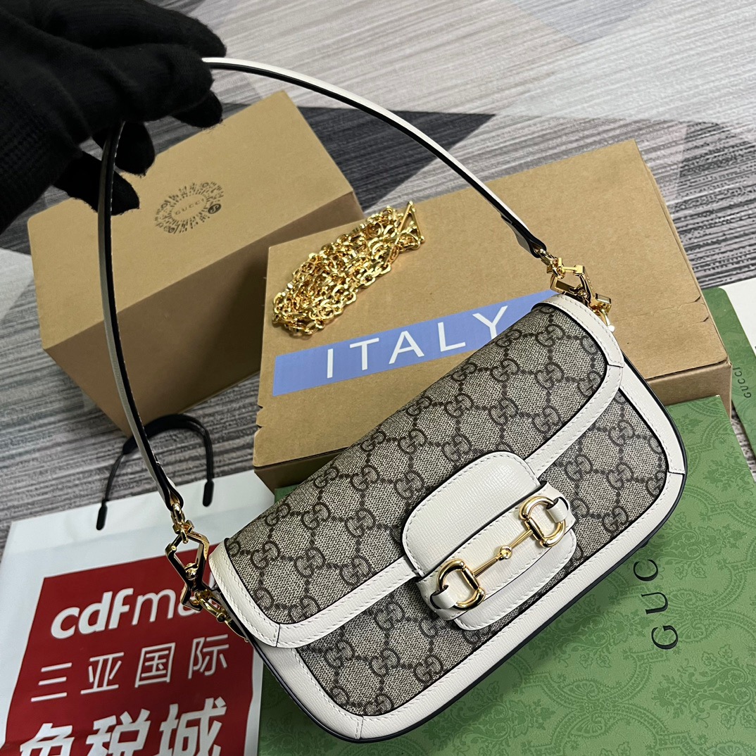 Gucci GG Horsebit 1955 Shoulder Bag White And Beige/Brown And Begie/White And Grey/ Black And Grey For Women? ?735178 FABLN 9897 9.4 in/ 24 cm