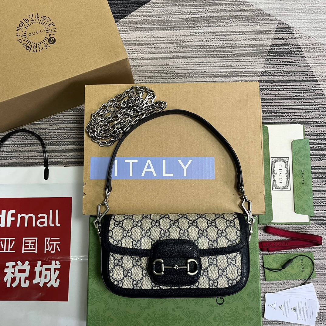 Gucci GG Horsebit 1955 Shoulder Bag White And Beige/Brown And Begie/White And Grey/ Black And Grey For Women? ?735178 FABLN 9897 9.4 in/ 24 cm