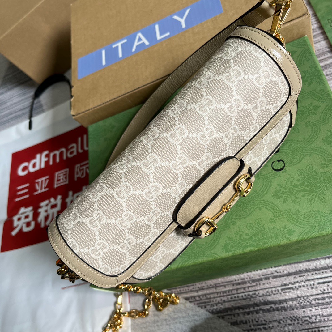 Gucci GG Horsebit 1955 Shoulder Bag White And Beige/Brown And Begie/White And Grey/ Black And Grey For Women? ?735178 FABLN 9897 9.4 in/ 24 cm