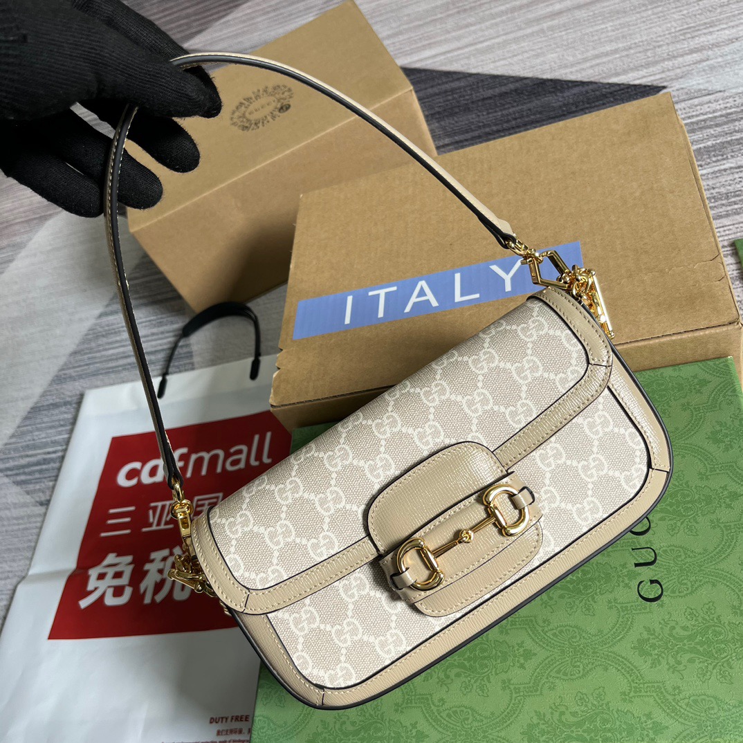 Gucci GG Horsebit 1955 Shoulder Bag White And Beige/Brown And Begie/White And Grey/ Black And Grey For Women? ?735178 FABLN 9897 9.4 in/ 24 cm