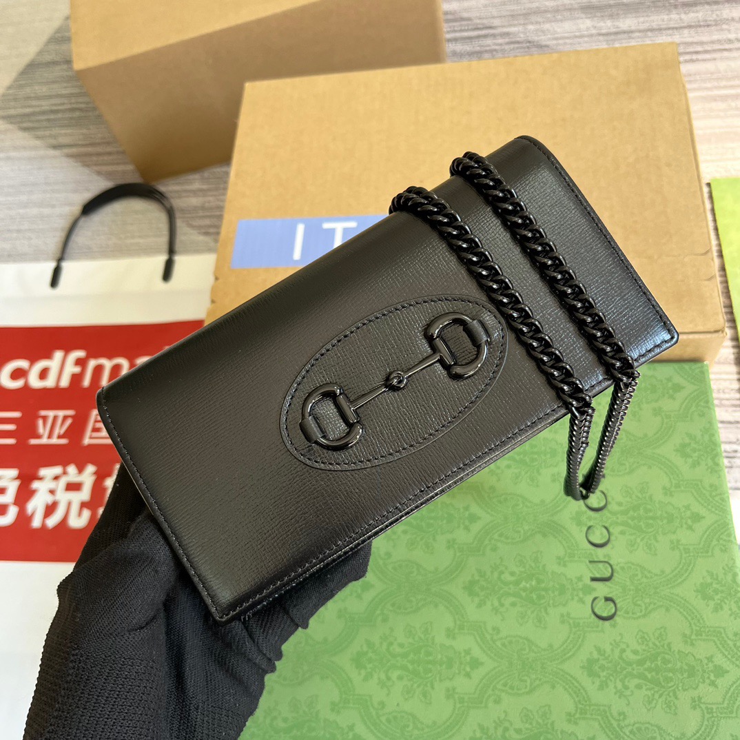 Gucci GG Horsebit 1955 Wallet With Chain Black/Navy Blue/Purple For Women ?621892 1AAJ8 1000 7.5 in/ 19 cm