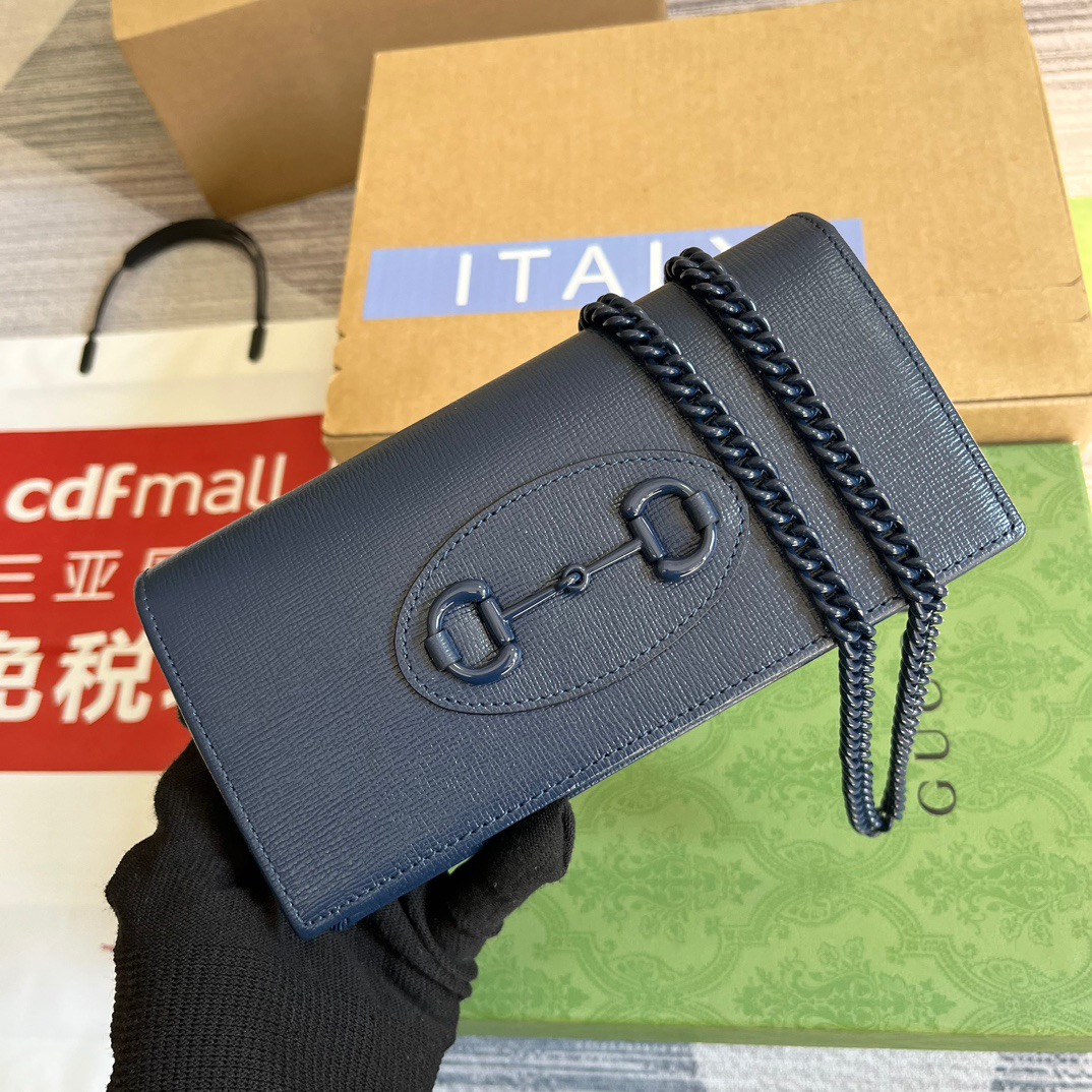 Gucci GG Horsebit 1955 Wallet With Chain Black/Navy Blue/Purple For Women ?621892 1AAJ8 1000 7.5 in/ 19 cm