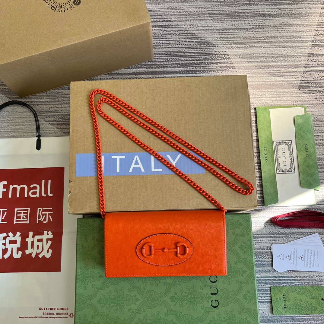Gucci GG Horsebit 1955 Wallet With Chain Orange/Green For Women ???621892 1AAJ8 7519 7.5 in/ 19 cm
