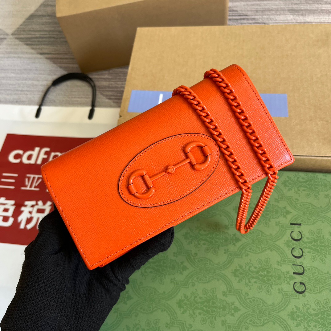 Gucci GG Horsebit 1955 Wallet With Chain Orange/Green For Women ???621892 1AAJ8 7519 7.5 in/ 19 cm