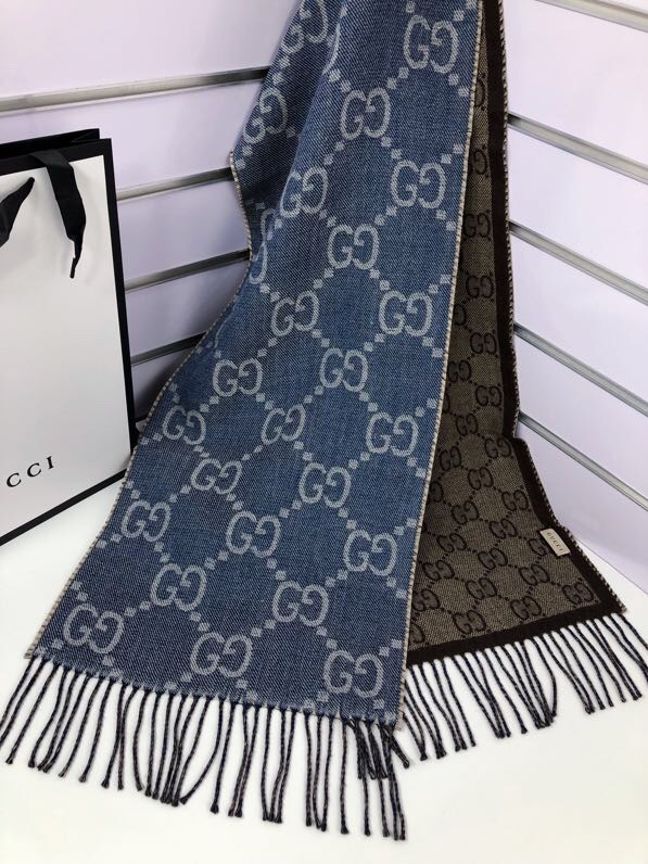 Gucci GG Jacquard Knit Scarf With Tassels Blue/Brown 67in/170cm