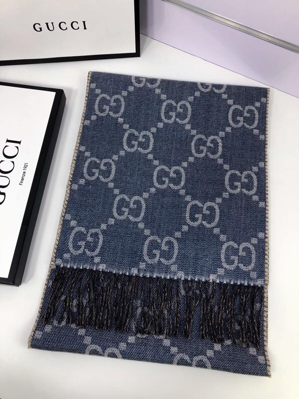 Gucci GG Jacquard Knit Scarf With Tassels Blue/Brown 67in/170cm