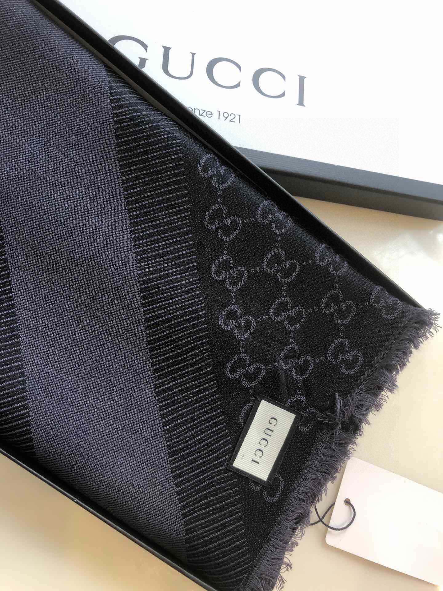 Gucci GG Jacquard Silk Wool Shawl Black 55in/140cm