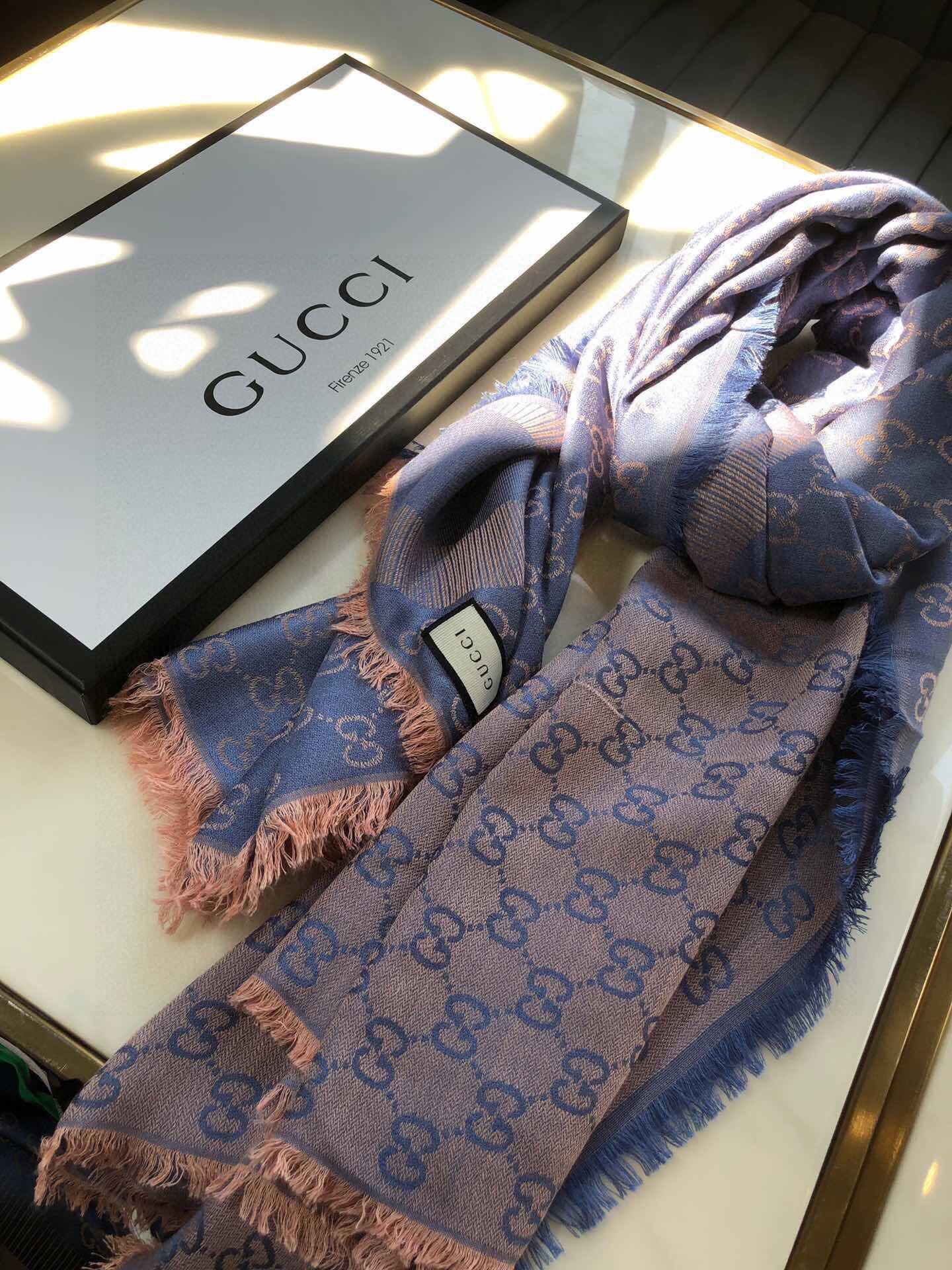 Gucci GG Jacquard Silk Wool Shawl Blue/Brown 55in/140cm